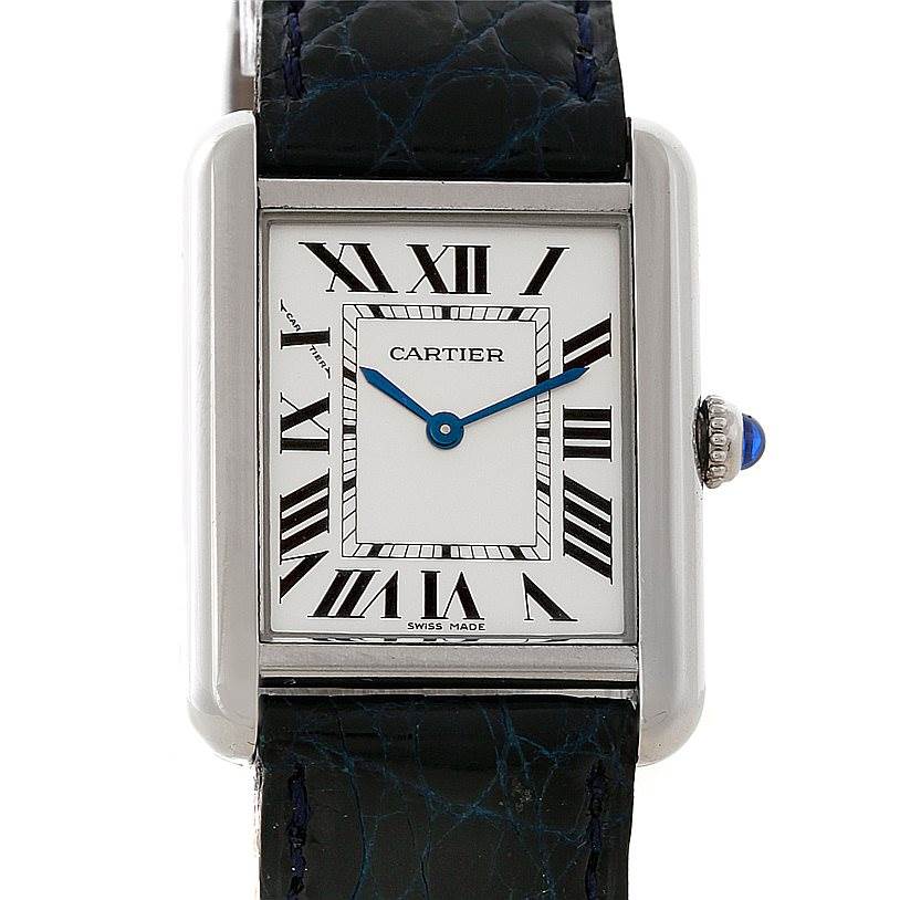 This image shows a frontal view of the Cartier Tank Solo W1018255 Women's Stainless Steel Silver Dial W1018255 Women's Stainless Steel Silver Dial watch, highlighting the dial, hands, crown, and part of the strap.