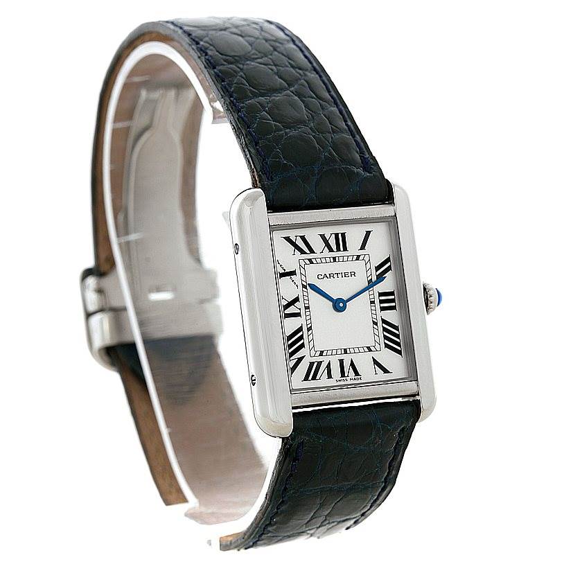 The image shows a Cartier Tank Solo W1018255 Women's Stainless Steel Silver Dial W1018255 Women's Stainless Steel Silver Dial watch front at an angle, highlighting the dial, case, strap, and buckle.