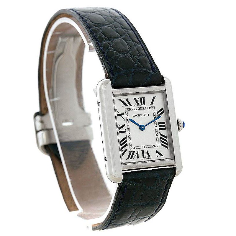 The image shows a Cartier Tank Solo watch front at an angle, highlighting the dial, case, strap, and buckle.