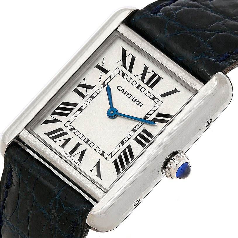 The Cartier Tank Solo W1018255 Women's Stainless Steel Silver Dial W1018255 Women's Stainless Steel Silver Dial watch is shown at an angled side view highlighting the face, crown, and part of the leather strap.