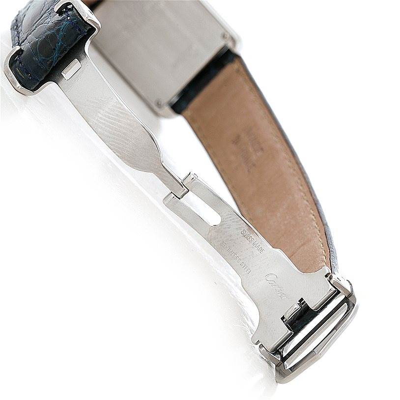 This is a close-up image of the clasp and leather strap from the Cartier Tank Solo W1018255 Women's Stainless Steel Silver Dial W1018255 Women's Stainless Steel Silver Dial model watch.
