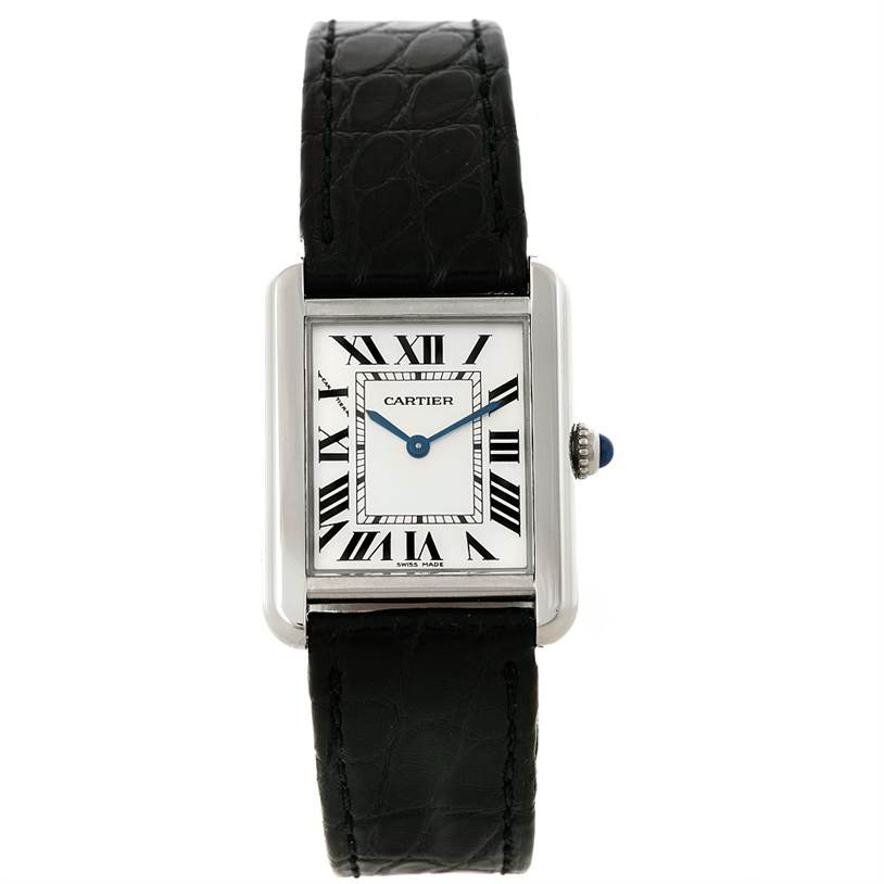 The image shows a frontal view of a Tank Solo model by Cartier, featuring its rectangular case and black leather strap.