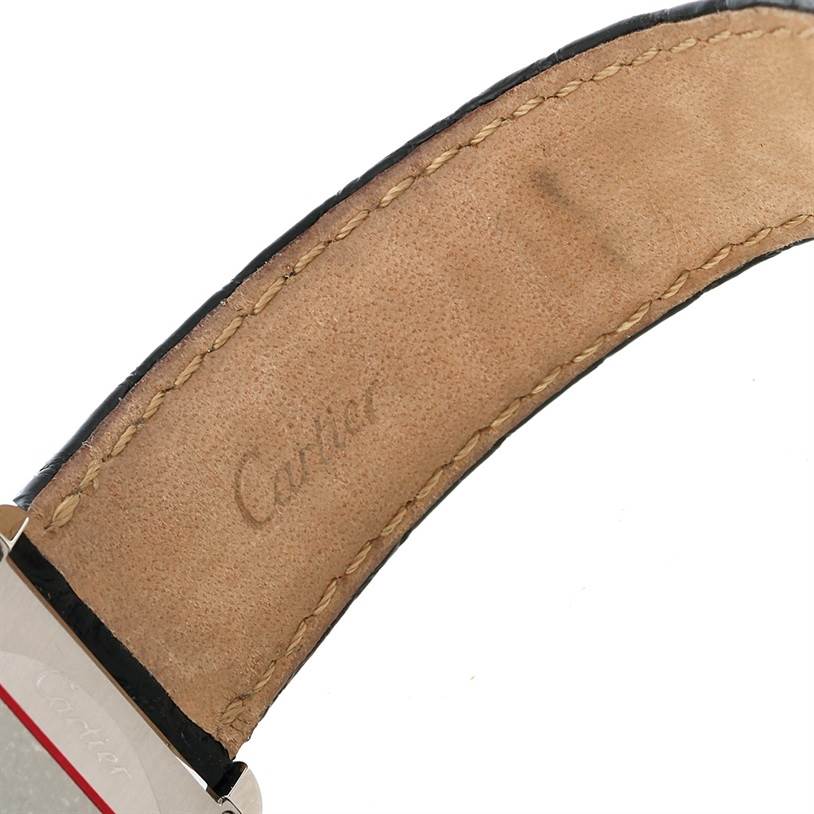 The image shows a close-up of the leather underside of the strap of a Cartier Tank Solo W1018255 Women's Stainless Steel Silver Dial W1018255 Women's Stainless Steel Silver Dial watch, featuring the Cartier brand name.