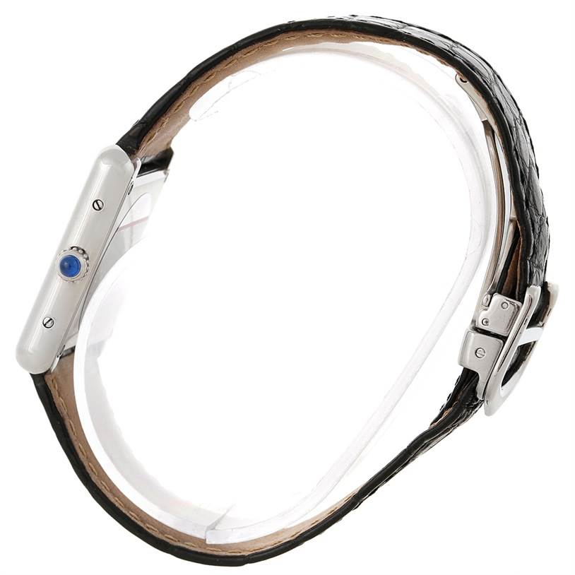 This side view of the Cartier Tank Solo W1018255 Women's Stainless Steel Silver Dial W1018255 Women's Stainless Steel Silver Dial watch shows the crown, case, and strap with buckle.