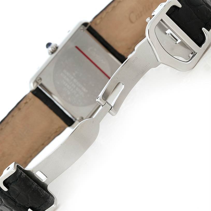 The image shows the back and clasp of the Cartier Tank Solo W1018255 Women's Stainless Steel Silver Dial W1018255 Women's Stainless Steel Silver Dial watch with its leather strap.