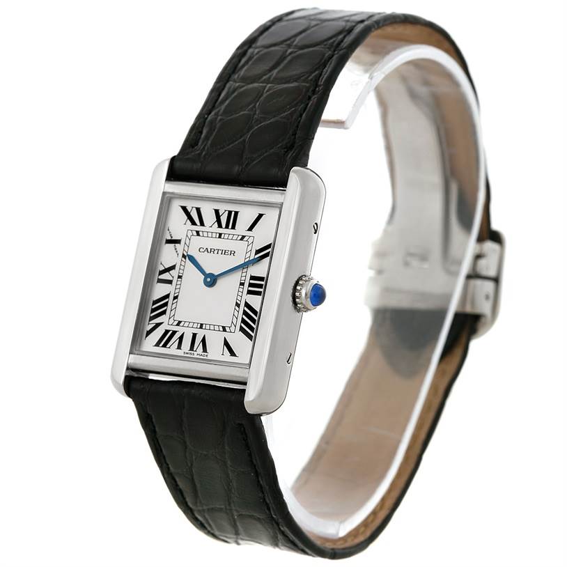 The image shows a Cartier Tank Solo W1018255 Women's Stainless Steel Silver Dial W1018255 Women's Stainless Steel Silver Dial watch featuring its rectangular face, Roman numeral dial, crown, and black leather strap.