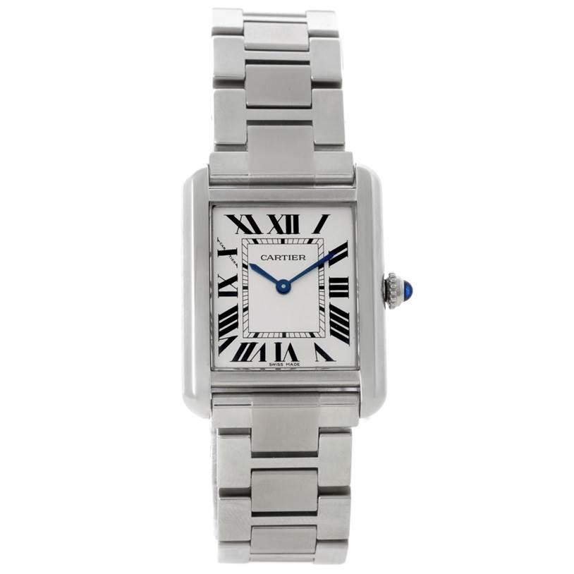 The image shows the front view of a Cartier Tank Solo W5200013 Women's Stainless Steel Silver Dial W5200013 Women's Stainless Steel Silver Dial watch, displaying the face, bezel, and stainless steel bracelet.