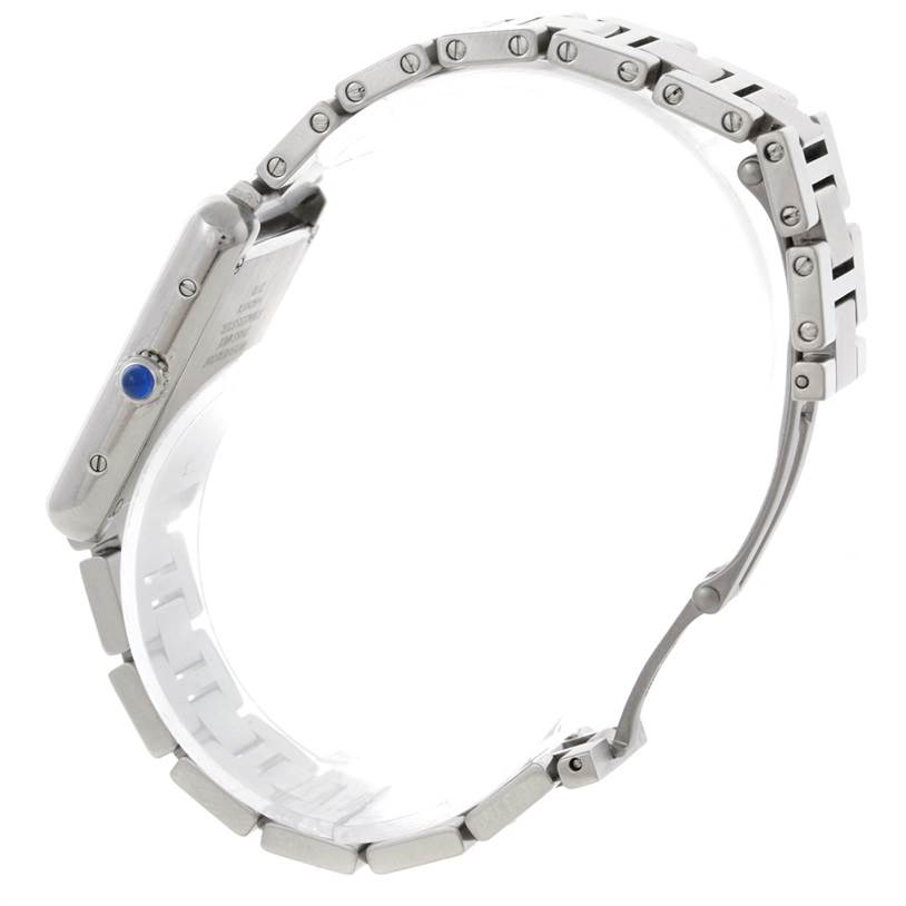 The Cartier Tank Solo W5200013 Women's Stainless Steel Silver Dial W5200013 Women's Stainless Steel Silver Dial watch is shown from a side profile angle, highlighting its case, crown, and bracelet.