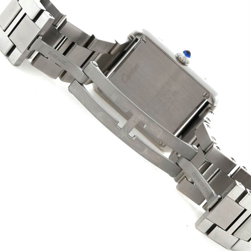 This image shows the back case and metal bracelet clasp of the Cartier Tank Solo W5200013 Women's Stainless Steel Silver Dial W5200013 Women's Stainless Steel Silver Dial watch model.