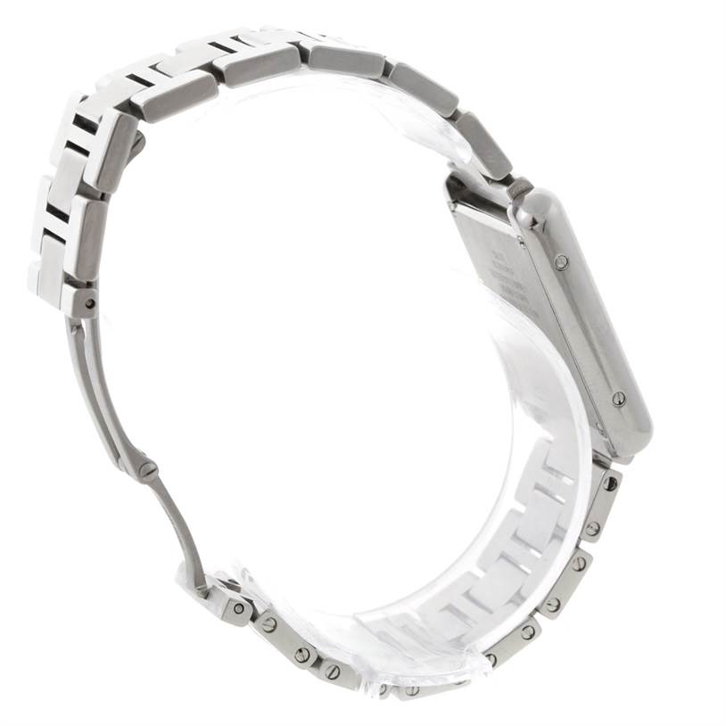 The Cartier Tank Solo W5200013 Women's Stainless Steel Silver Dial W5200013 Women's Stainless Steel Silver Dial watch is shown from a side angle, highlighting the metal bracelet and the case back.