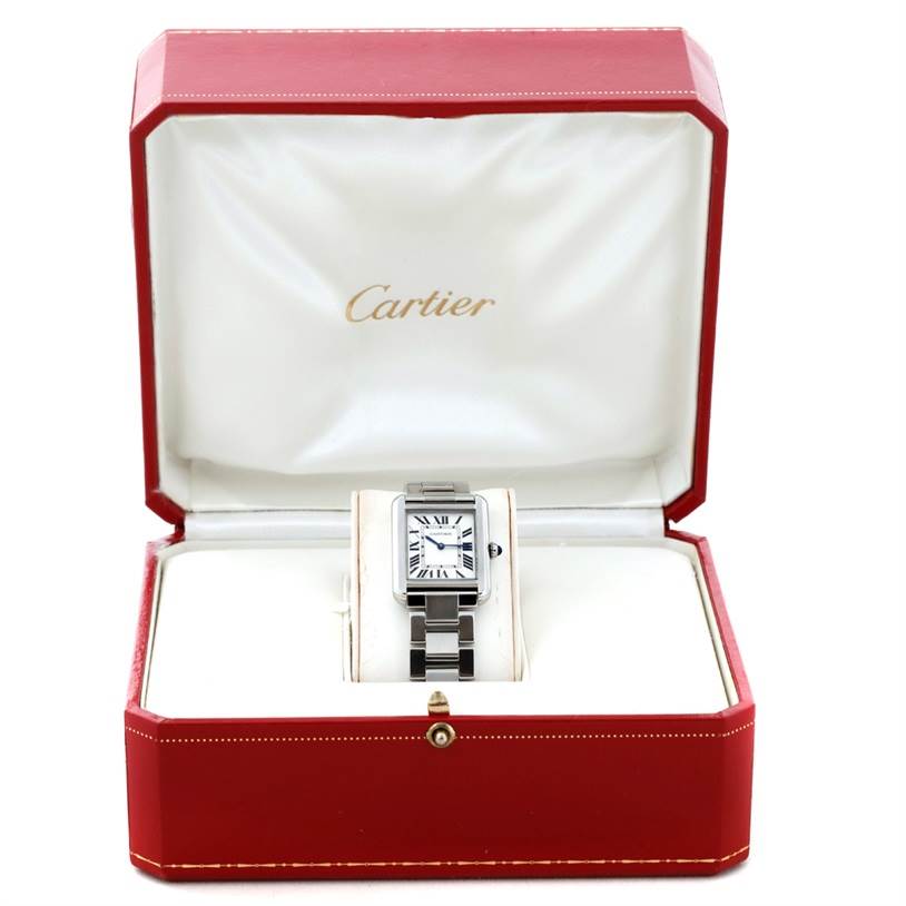 The Cartier Tank Solo W5200013 Women's Stainless Steel Silver Dial W5200013 Women's Stainless Steel Silver Dial watch is shown from the top angle inside its red and white presentation box.