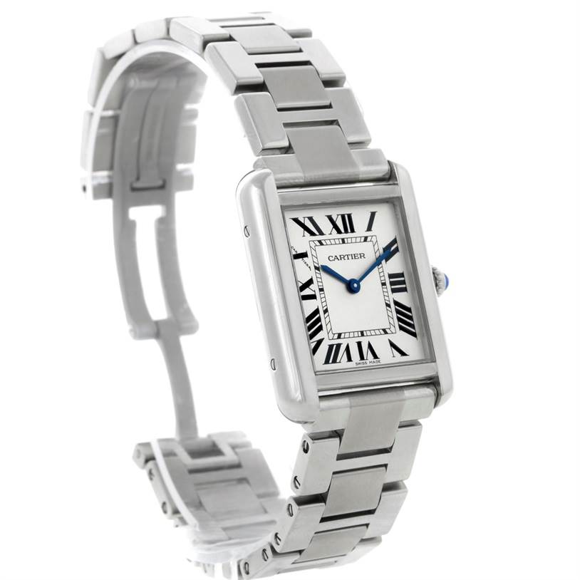This image shows a Cartier Tank Solo W5200013 Women's Stainless Steel Silver Dial W5200013 Women's Stainless Steel Silver Dial watch at an angle that displays the face, bracelet, and partially open clasp.