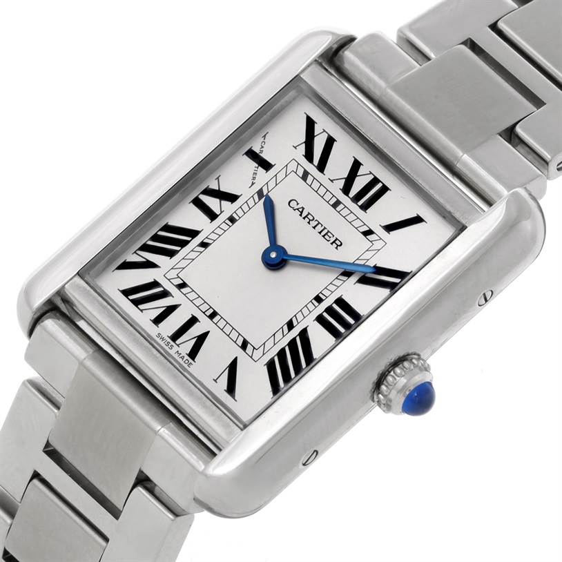 This image of a Cartier Tank Solo W5200013 Women's Stainless Steel Silver Dial W5200013 Women's Stainless Steel Silver Dial watch displays the face, strap, and crown from a slightly angled side view.
