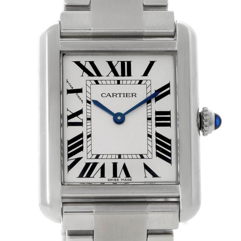 The image shows a Cartier Tank Solo W5200013 Women's Stainless Steel Silver Dial W5200013 Women's Stainless Steel Silver Dial watch face at a straight-on angle.