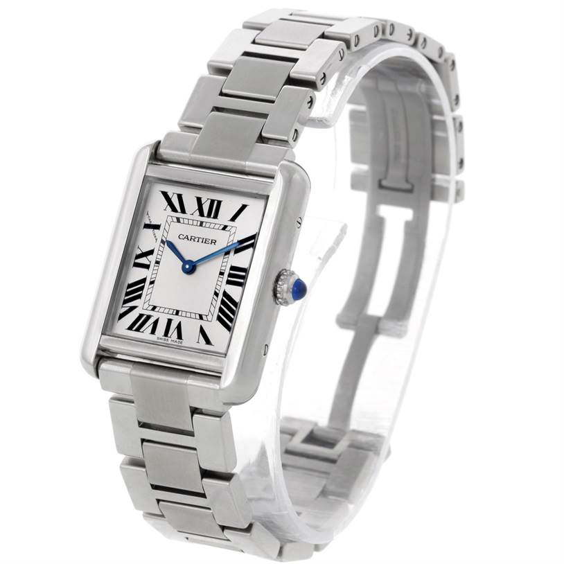 The Cartier Tank Solo W5200013 Women's Stainless Steel Silver Dial W5200013 Women's Stainless Steel Silver Dial watch is shown at a slight angle, displaying its face, bracelet, and side crown.