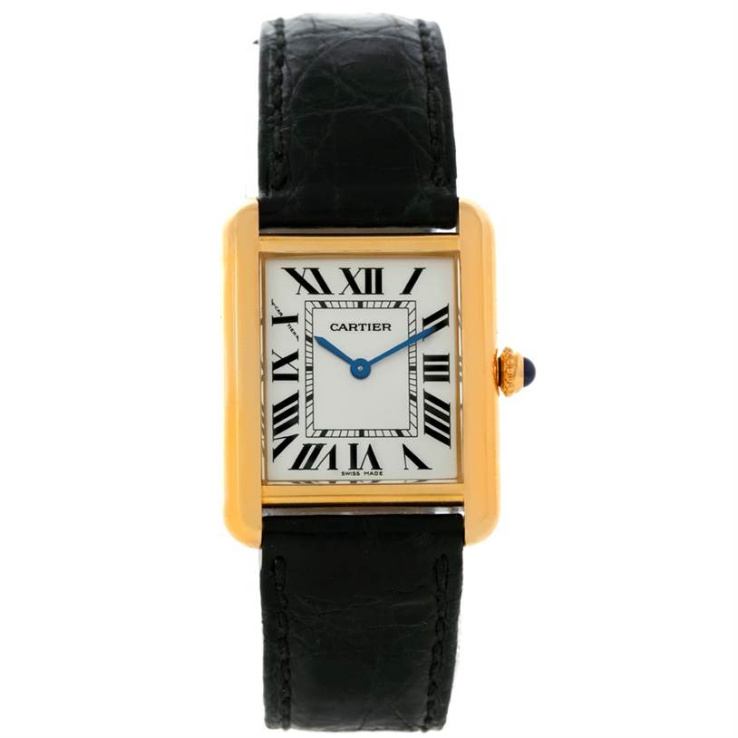 The image shows a Cartier Tank Solo W1018755 Women's Steel and Gold (two tone) Silver Dial W1018755 Women's Steel and Gold (two tone) Silver Dial watch with a gold rectangular case, black leather strap, and Roman numeral dial from a front view angle.
