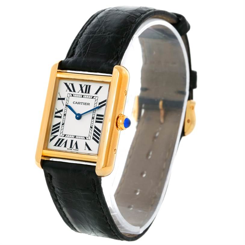The image shows a Cartier Tank Solo W1018755 Women's Steel and Gold (two tone) Silver Dial W1018755 Women's Steel and Gold (two tone) Silver Dial watch from a front angle, highlighting its rectangular face, Roman numerals, and leather strap.