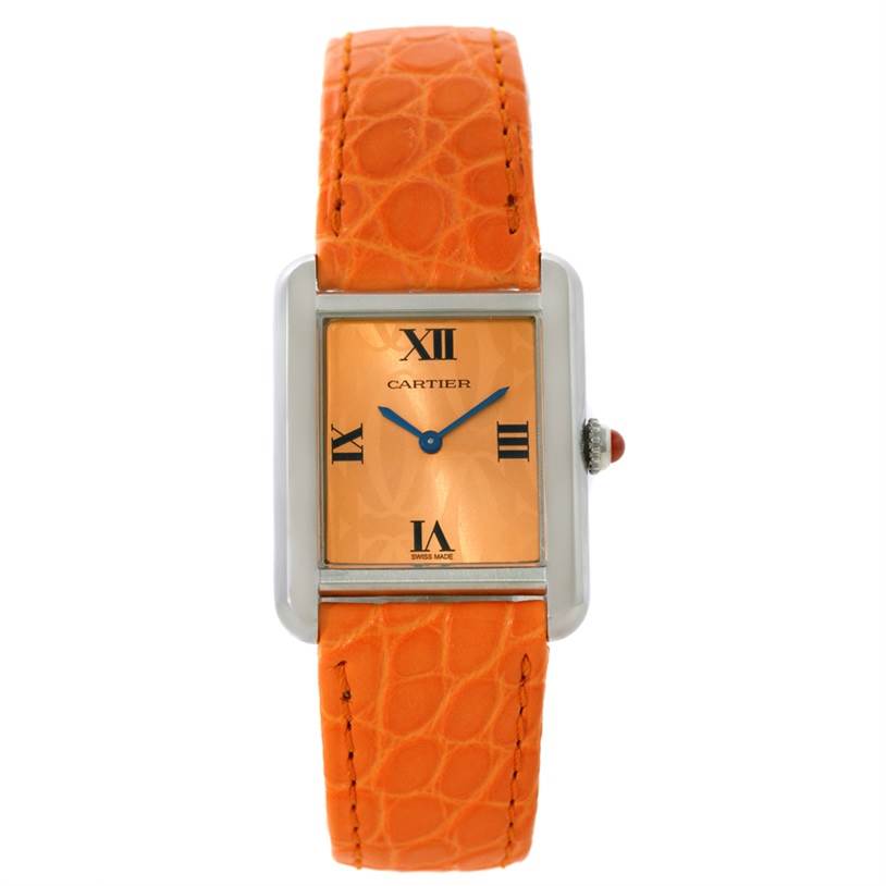 The image shows a Cartier Tank Solo W1019455 Women's Stainless Steel Orange Dial W1019455 Women's Stainless Steel Orange Dial watch from a front angle, featuring an orange strap and a rectangular face with Roman numerals.