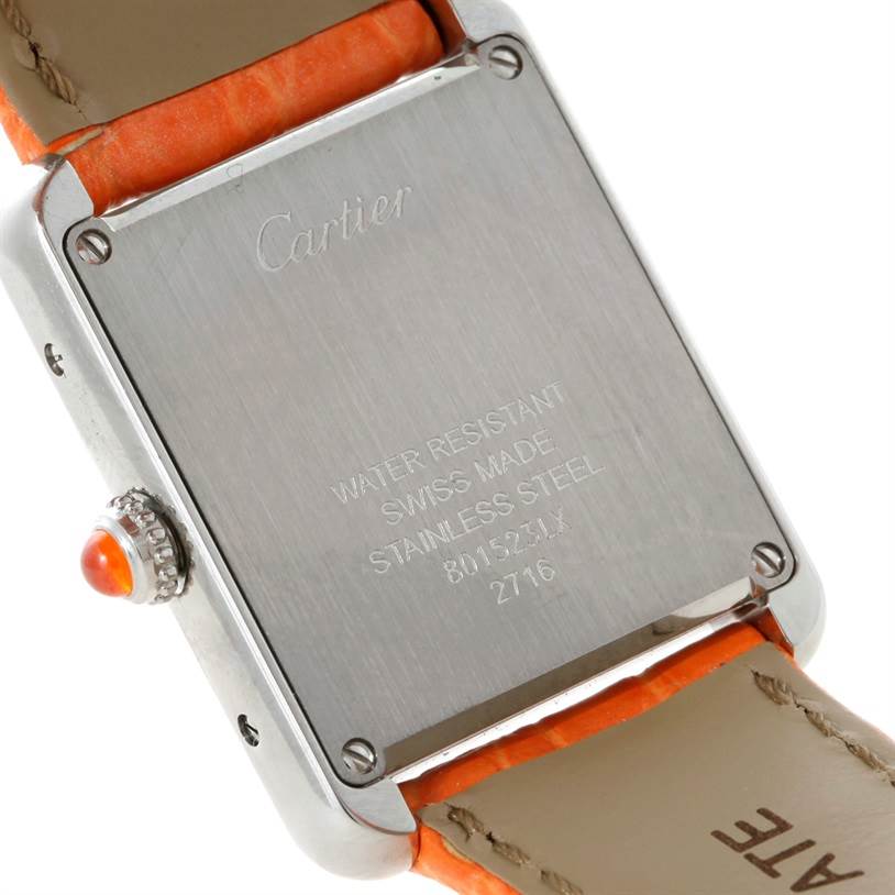 This image shows the back view of a Cartier Tank Solo W1019455 Women's Stainless Steel Orange Dial W1019455 Women's Stainless Steel Orange Dial watch, highlighting the case back, crown, and part of the strap.