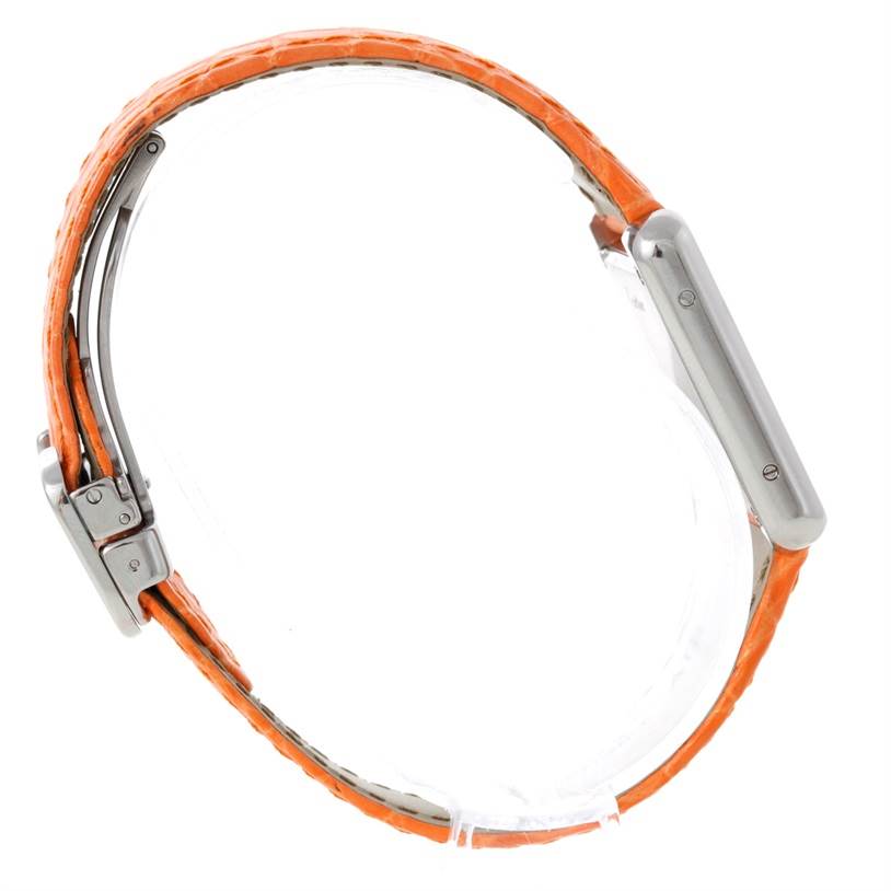The image shows a Cartier Tank Solo W1019455 Women's Stainless Steel Orange Dial W1019455 Women's Stainless Steel Orange Dial watch from a side angle, highlighting its orange strap and part of the clasp.