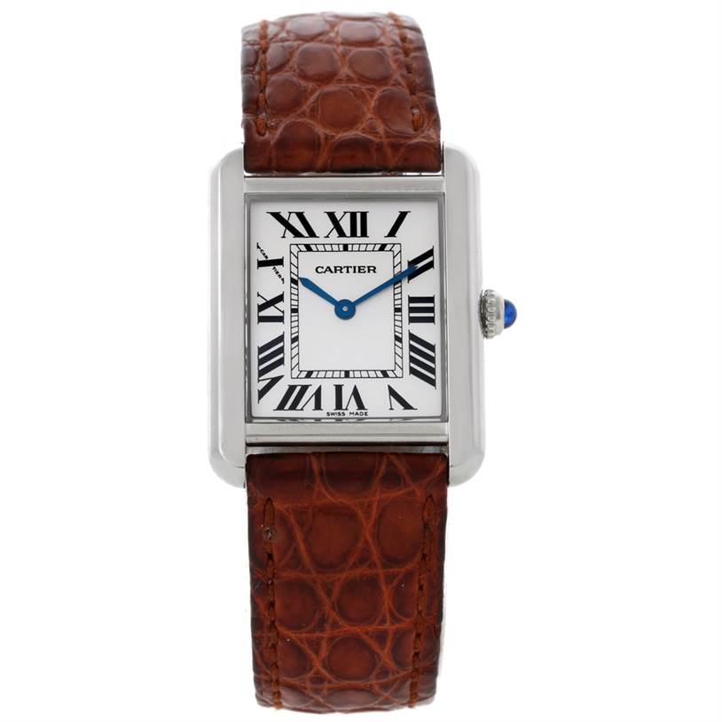 This image shows a front view of a Cartier Tank Solo W1018255 Women's Stainless Steel Silver Dial W1018255 Women's Stainless Steel Silver Dial watch, highlighting its rectangular face, Roman numerals, and brown leather strap.
