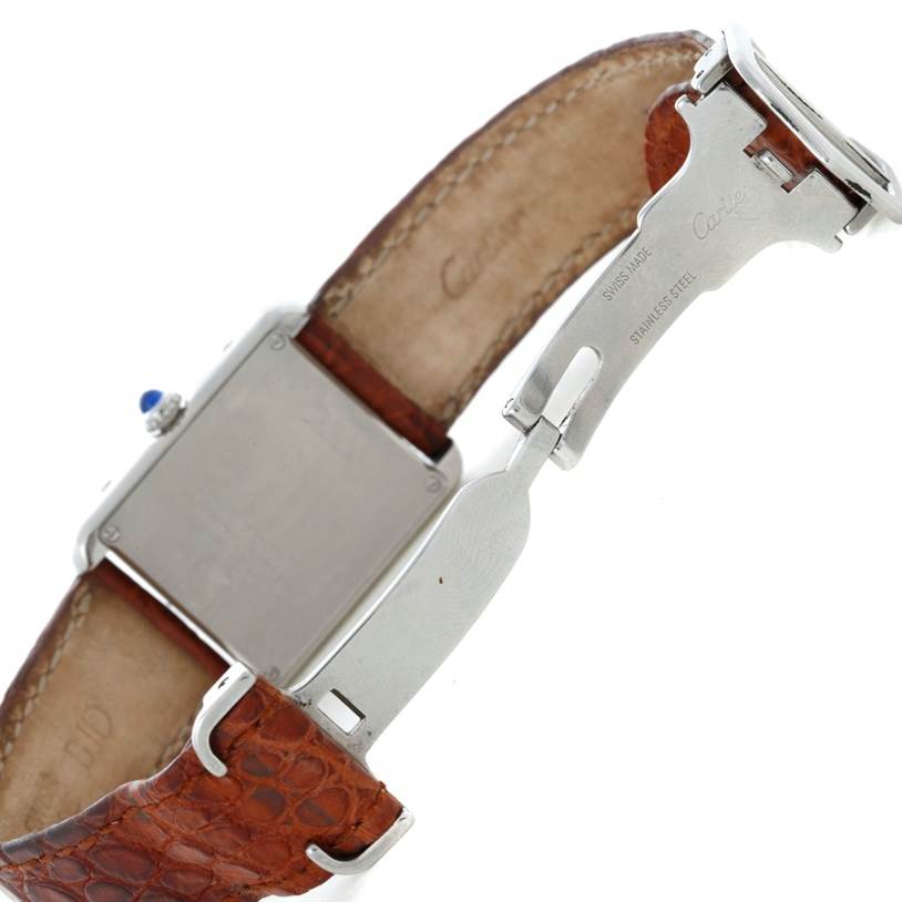 This image shows the back and clasp of the Cartier Tank Solo W1018255 Women's Stainless Steel Silver Dial W1018255 Women's Stainless Steel Silver Dial watch with a brown leather strap.