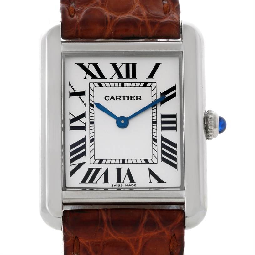 The image shows a Cartier Tank Solo W1018255 Women's Stainless Steel Silver Dial W1018255 Women's Stainless Steel Silver Dial watch from a front angle, highlighting the dial, hands, and part of the leather strap.