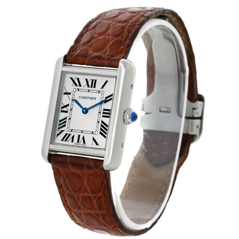 The image shows a Cartier Tank Solo W1018255 Women's Stainless Steel Silver Dial W1018255 Women's Stainless Steel Silver Dial watch at a side angle, highlighting its brown leather strap and rectangular face with Roman numerals.