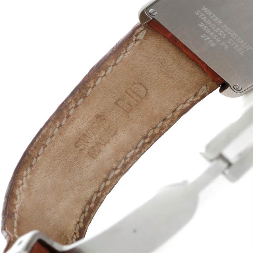 This image shows the back of the leather strap and part of the case back of the Cartier Tank Solo W1018255 Women's Stainless Steel Silver Dial W1018255 Women's Stainless Steel Silver Dial watch.