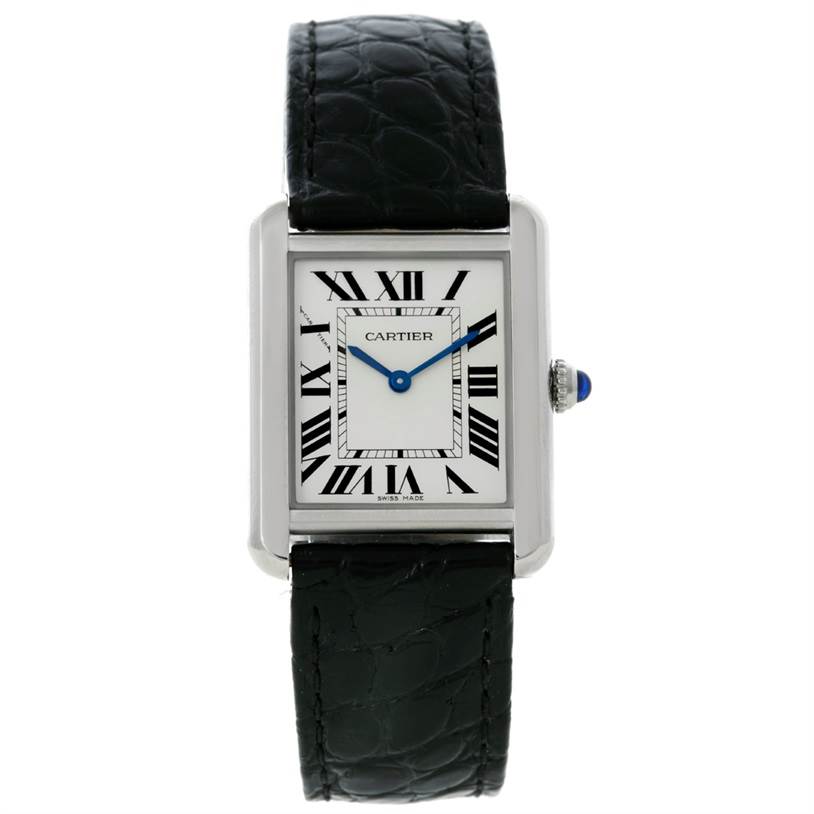 The image shows a Cartier Tank Solo W1018255 Women's Stainless Steel Silver Dial W1018255 Women's Stainless Steel Silver Dial watch, highlighting the face, Roman numerals, hands, and leather strap from a front angle.