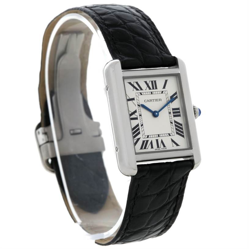 This image shows a Cartier Tank Solo W1018255 Women's Stainless Steel Silver Dial W1018255 Women's Stainless Steel Silver Dial watch from a side angle, highlighting its dial, hands, leather strap, and clasp.