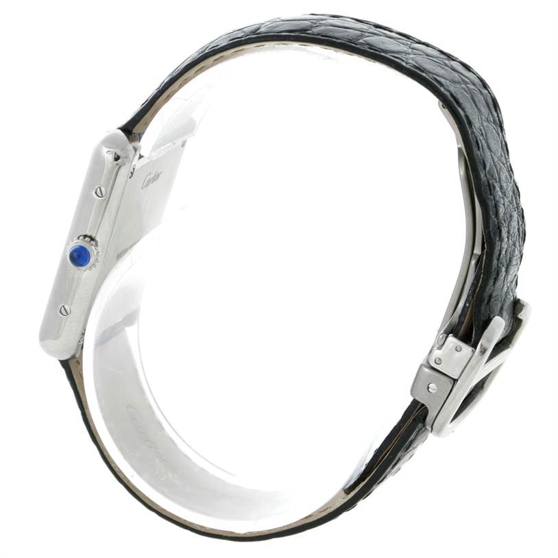 The image shows a side view of the Cartier Tank Solo W1018255 Women's Stainless Steel Silver Dial W1018255 Women's Stainless Steel Silver Dial watch, highlighting its case, crown, and strap with a buckle.