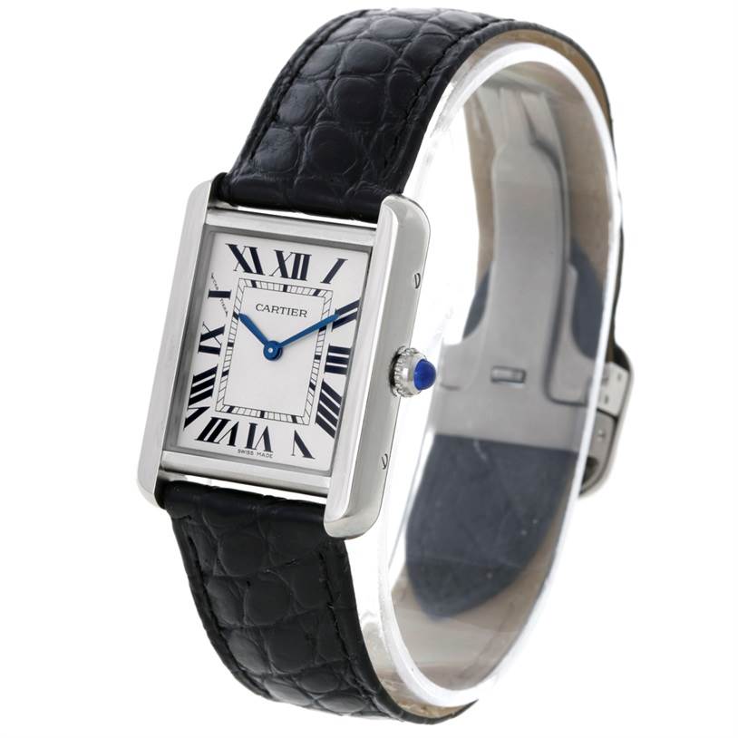 This image shows a front angled view of the Cartier Tank Solo W1018255 Women's Stainless Steel Silver Dial W1018255 Women's Stainless Steel Silver Dial watch, highlighting its face, crown, and leather strap.