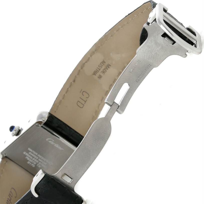 This image shows the clasp mechanism and part of the strap for the Cartier Tank Solo W1018255 Women's Stainless Steel Silver Dial W1018255 Women's Stainless Steel Silver Dial watch viewed from the inside.