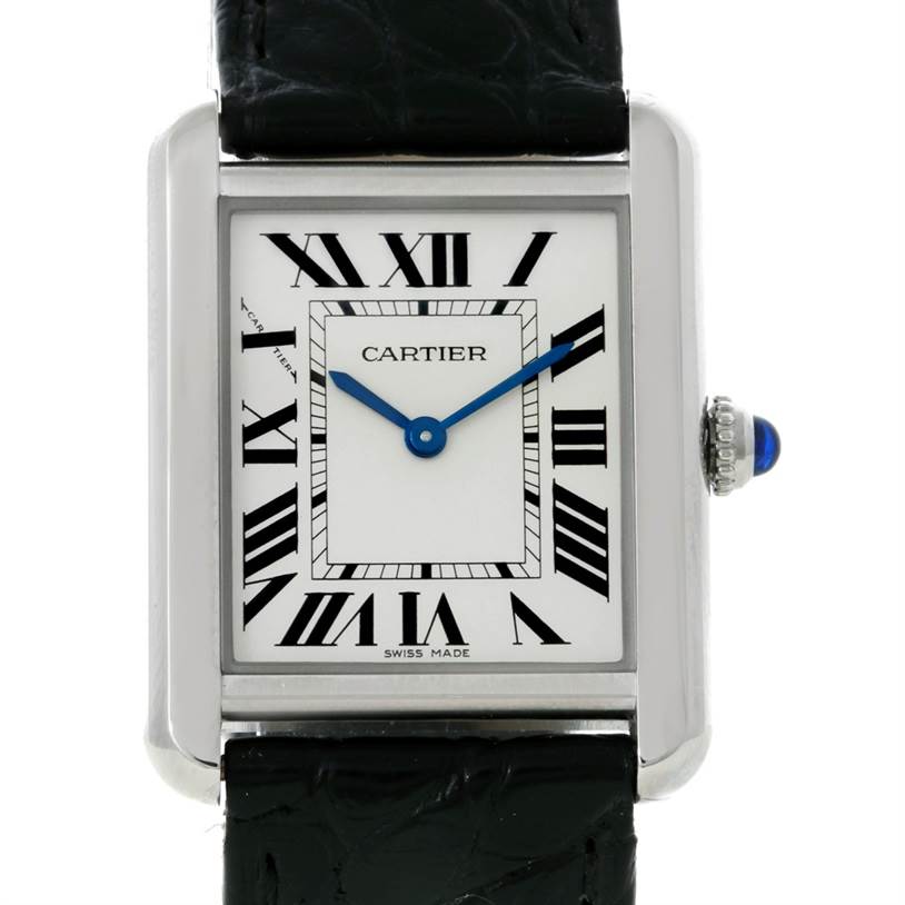 The image shows a frontal view of a Cartier Tank Solo W1018255 Women's Stainless Steel Silver Dial W1018255 Women's Stainless Steel Silver Dial watch, displaying the face, bezel, crown, and part of the leather strap.