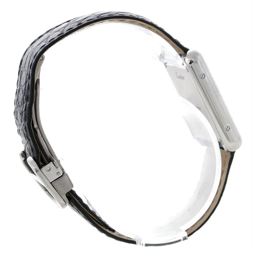 The image shows a side profile of the Cartier Tank Solo W1018255 Women's Stainless Steel Silver Dial W1018255 Women's Stainless Steel Silver Dial watch, highlighting its buckle, strap, and casing.