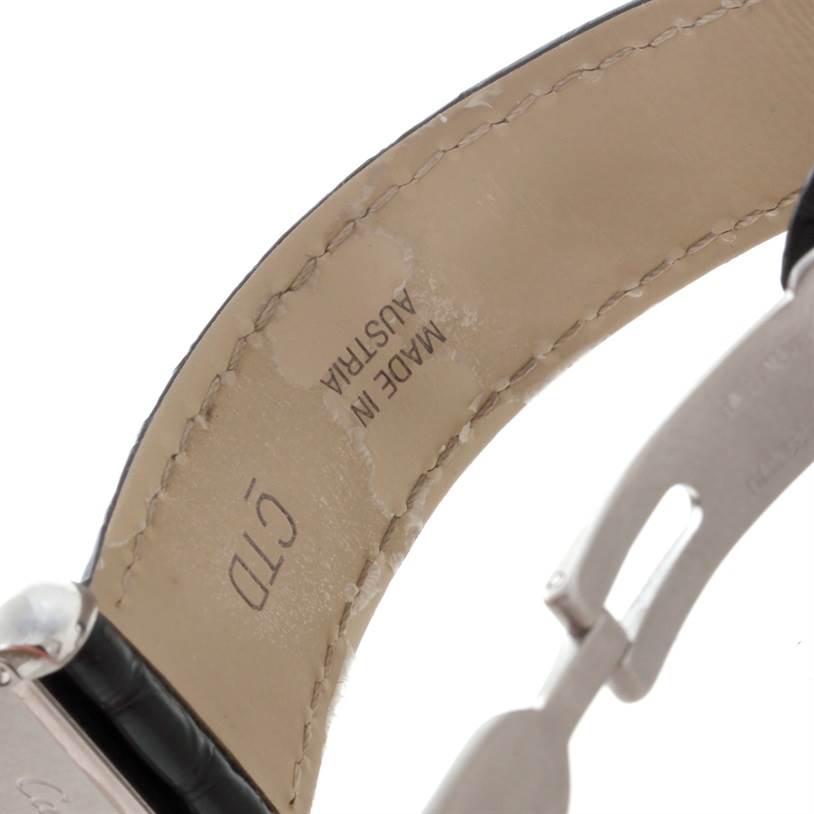 The image shows a close-up of the back of the leather strap and clasp on the Cartier Tank Solo W1018255 Women's Stainless Steel Silver Dial W1018255 Women's Stainless Steel Silver Dial watch.