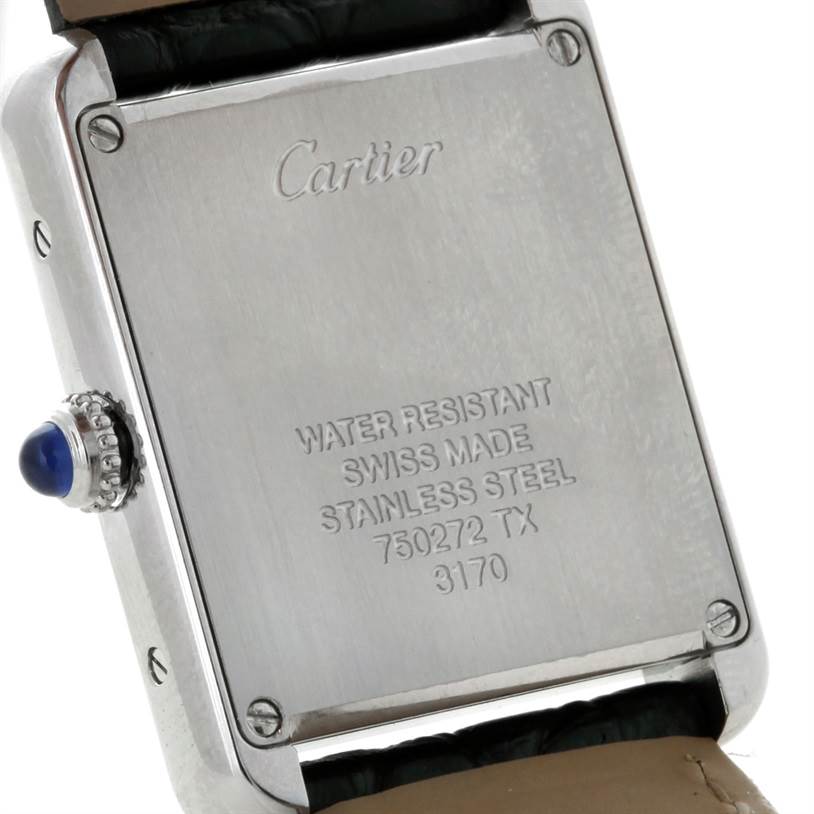 This image shows the back view of the Cartier Tank Solo W1018255 Women's Stainless Steel Silver Dial W1018255 Women's Stainless Steel Silver Dial watch, highlighting its stainless steel case and water resistance details.