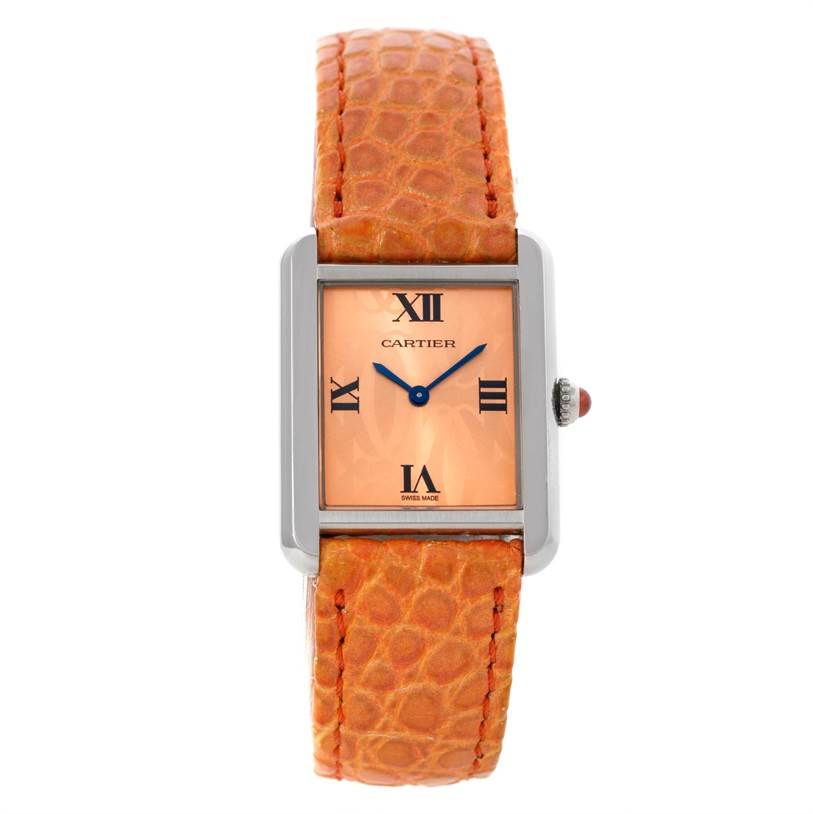 The image shows a frontal view of a Cartier Tank Solo W1019455 Women's Stainless Steel Orange Dial W1019455 Women's Stainless Steel Orange Dial watch with an orange leather strap.