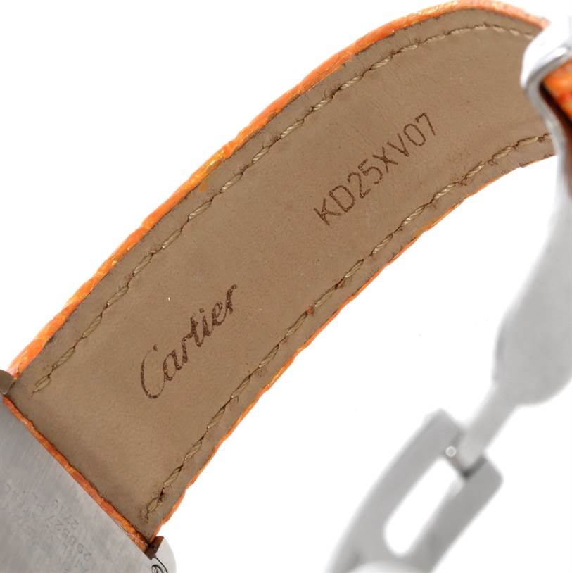 The image shows the inner side of the strap and clasp of the Cartier Tank Solo W1019455 Women's Stainless Steel Orange Dial W1019455 Women's Stainless Steel Orange Dial watch.