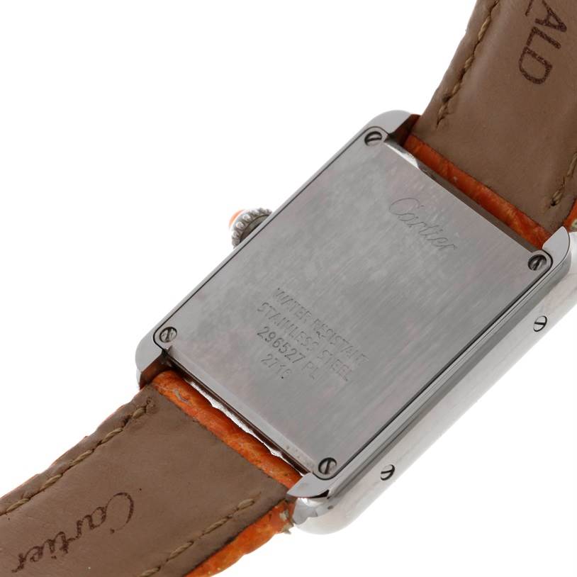 The image shows the back view of a Cartier Tank Solo W1019455 Women's Stainless Steel Orange Dial W1019455 Women's Stainless Steel Orange Dial watch, highlighting its caseback and leather strap.