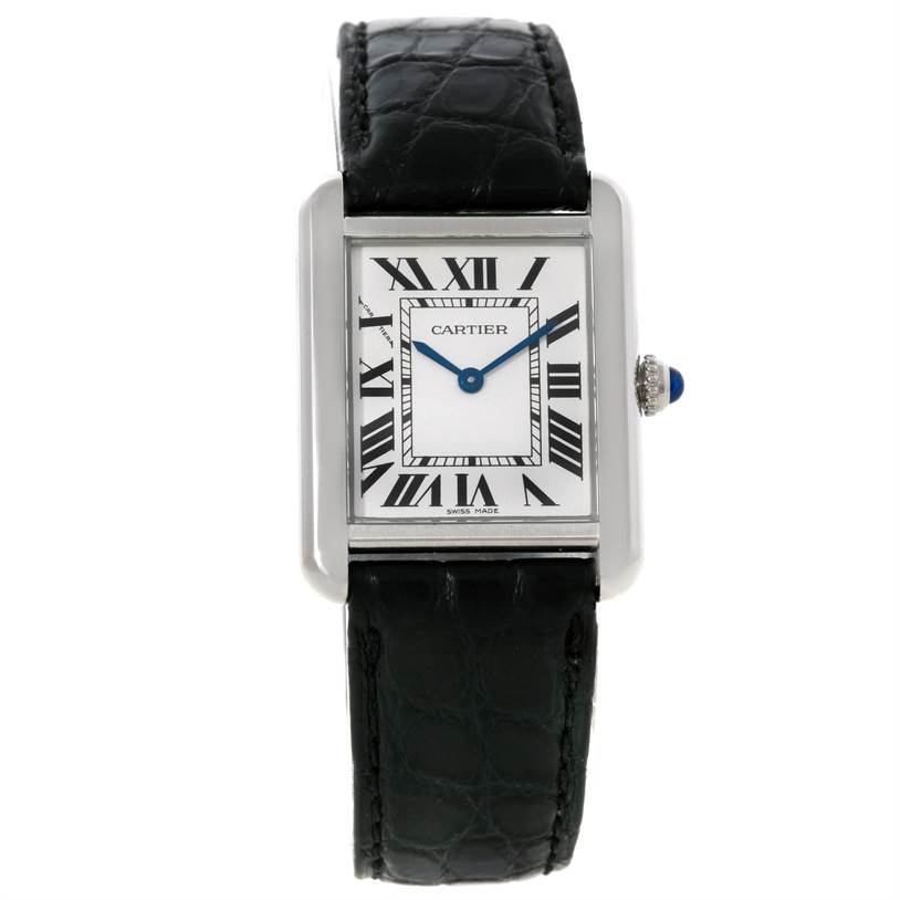 This image shows a Cartier Tank Solo W1018255 Women's Stainless Steel Silver Dial W1018255 Women's Stainless Steel Silver Dial watch from a front angle, displaying the face, roman numeral dial, black leather strap, and blue cabochon crown.
