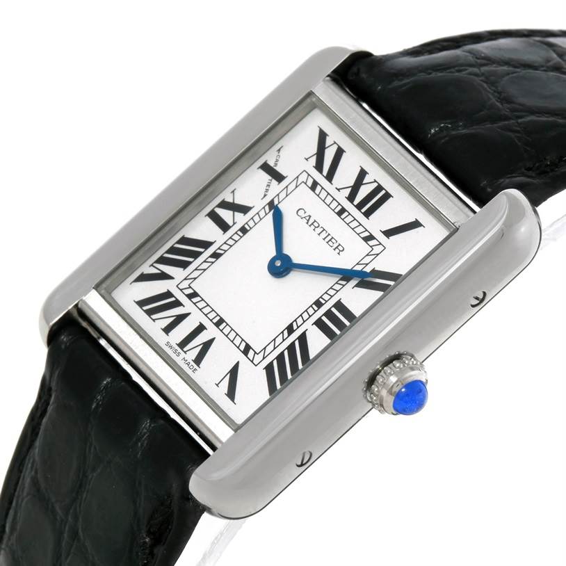 This image shows a close-up of the Cartier Tank Solo W1018255 Women's Stainless Steel Silver Dial W1018255 Women's Stainless Steel Silver Dial watch, highlighting its face, bezel, crown, and leather strap.