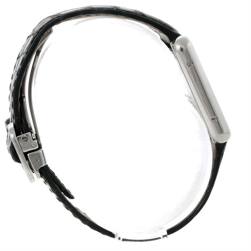 The image shows a side view of the Cartier Tank Solo W1018255 Women's Stainless Steel Silver Dial W1018255 Women's Stainless Steel Silver Dial watch, featuring the strap and the side of the case.