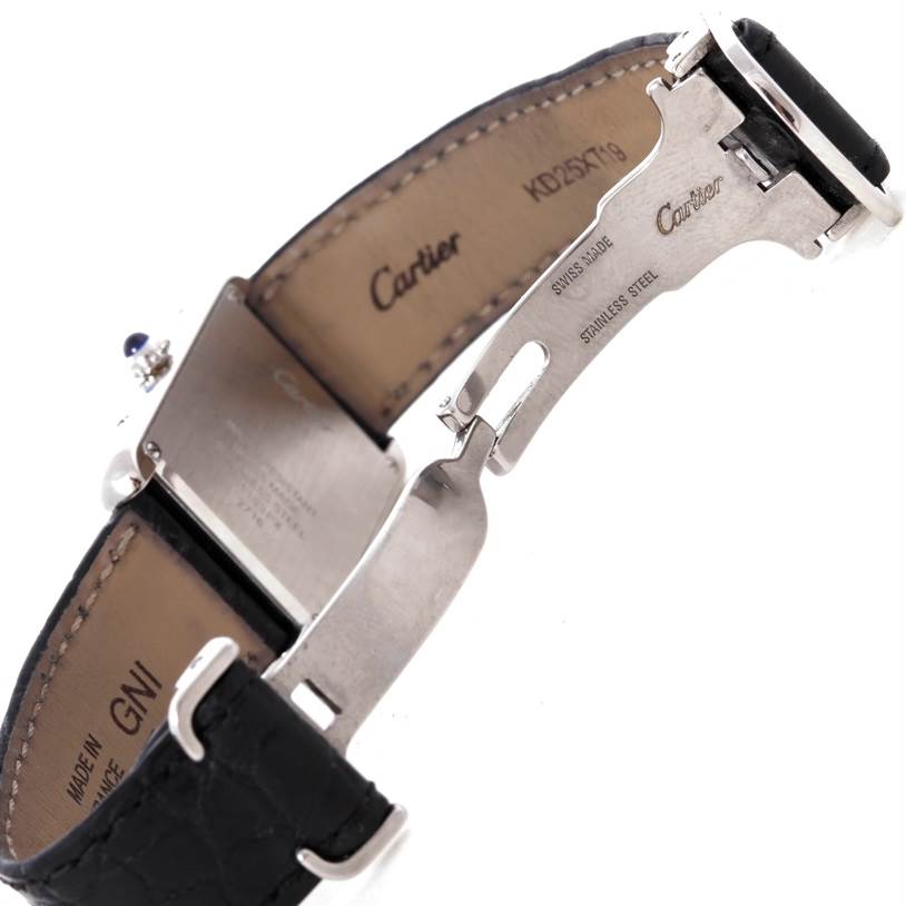 The image shows the inner clasp mechanism and backside of the leather strap of a Cartier Tank Solo W1018255 Women's Stainless Steel Silver Dial W1018255 Women's Stainless Steel Silver Dial watch.