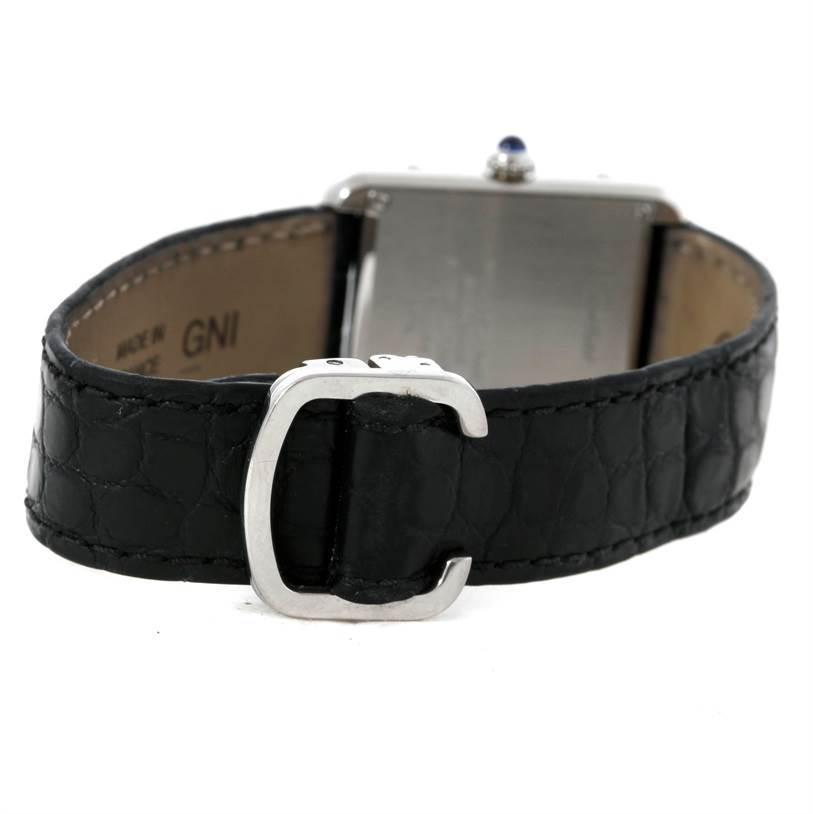 The image shows the back view of a Cartier Tank Solo W1018255 Women's Stainless Steel Silver Dial W1018255 Women's Stainless Steel Silver Dial watch, focusing on the leather strap and metal buckle.