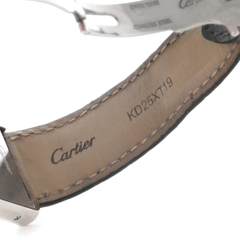 This image shows the leather strap with visible stitching and branded markings of a Cartier Tank Solo W1018255 Women's Stainless Steel Silver Dial W1018255 Women's Stainless Steel Silver Dial watch.