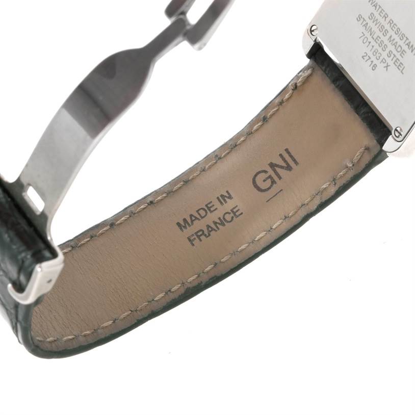 The image shows the inside of a leather strap and clasp of a Cartier Tank Solo W1018255 Women's Stainless Steel Silver Dial W1018255 Women's Stainless Steel Silver Dial watch with brand markings.