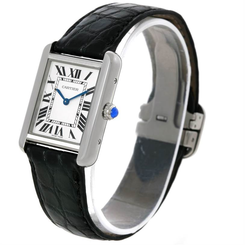 The image shows a Cartier Tank Solo W1018255 Women's Stainless Steel Silver Dial W1018255 Women's Stainless Steel Silver Dial watch at a slight angle, highlighting its face, band, and crown.