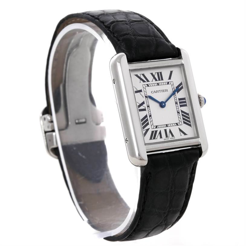 The image shows a Cartier Tank Solo W1018255 Women's Stainless Steel Silver Dial W1018255 Women's Stainless Steel Silver Dial watch at a side angle, capturing the Roman numeral dial, blue hands, and black leather strap.